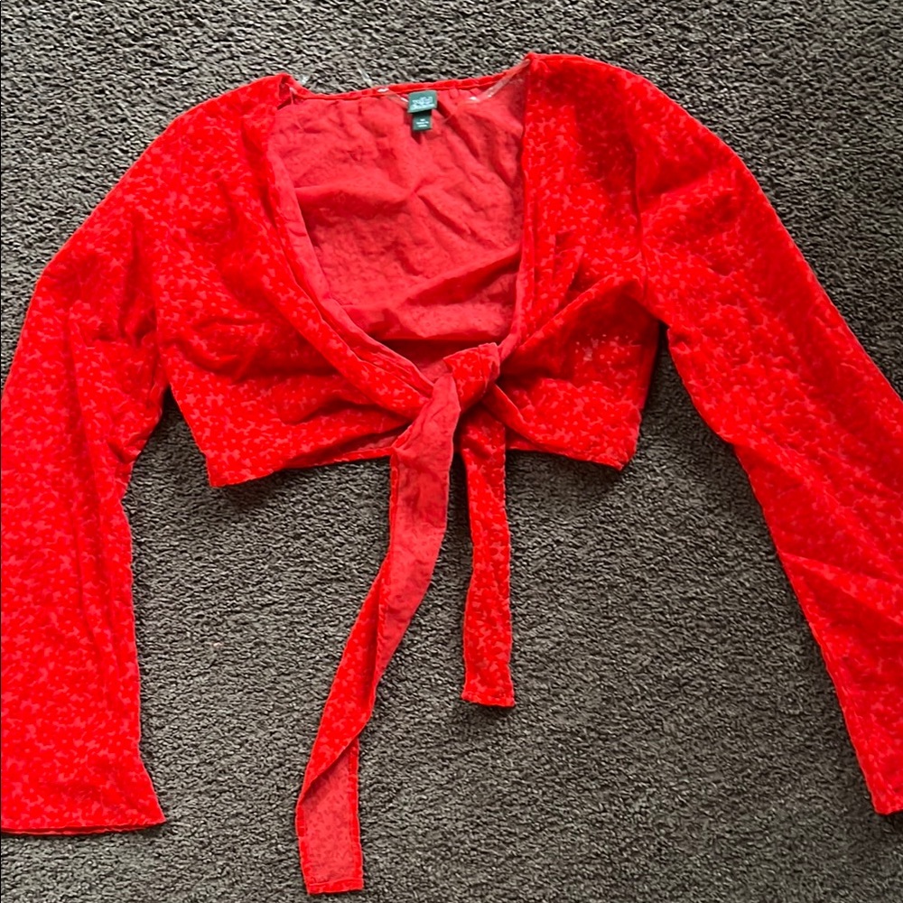 Red Crop Tie-Front Blouse with 3/4 Bell Sleeves